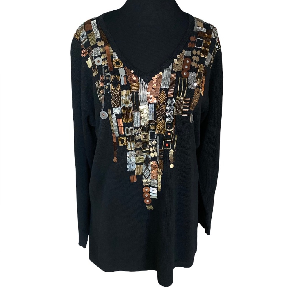 Vintage Summit Hill embellished abstract metallic sequin v-neck sweater size M